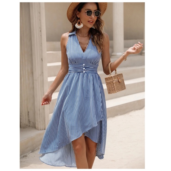 5 for $25! 💕 Vertical Stripe Button Front High Low Dress - Picture 6 of 16